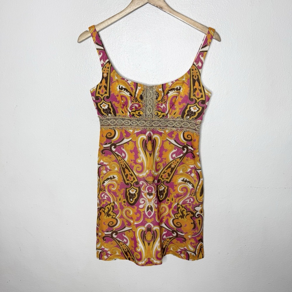 Vintage Milly Of New York Orange Gold Mini Dress Open Lace Detail Women's 4